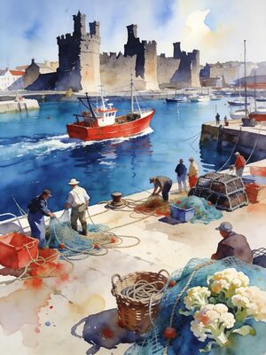 Scarborough Fishing Boats in Sheltered Bay Watercolor Canvas Print
