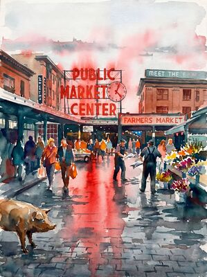 Seattle Pike Place Market Watercolor Canvas Print