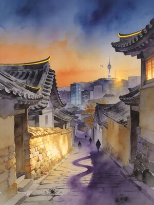 Seoul Cheonggyecheon Stream at Night Watercolor Canvas Print