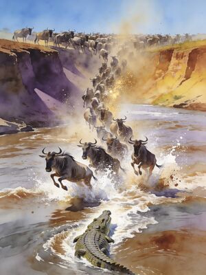 Serengeti Great Migration River Crossing Watercolor Canvas Print