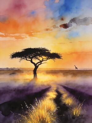 Serengeti Acacia Sunrise Safari Watercolor Canvas Print