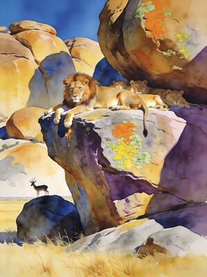 Serengeti Kopjes Lion Pride Watercolor Canvas Print