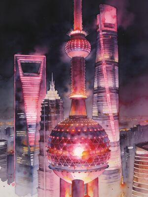 Shanghai Pudong Pearl Tower from the Bund Watercolor Canvas Print