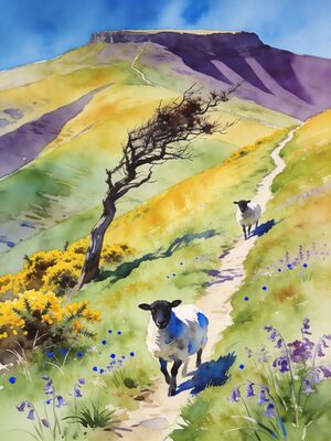 Shropshire Hills Summit Panorama Watercolor Canvas Print