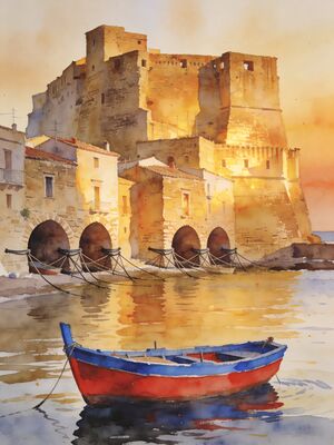 Sicily Harbor View Watercolor Canvas Print