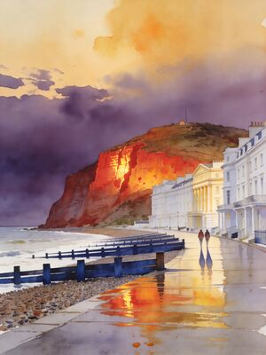 Sidmouth Sunset Shore Watercolor Canvas Print