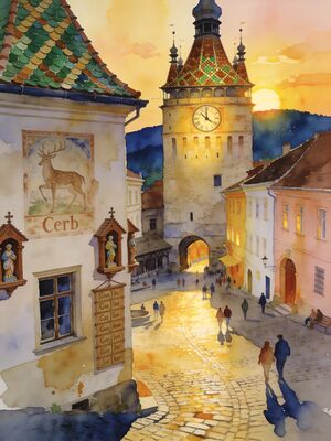 Sighisoara Historic Church and Town Plaza Watercolor Canvas Print