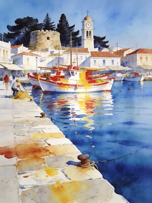 Skiathos Island Harbor Boats Watercolor Canvas Print