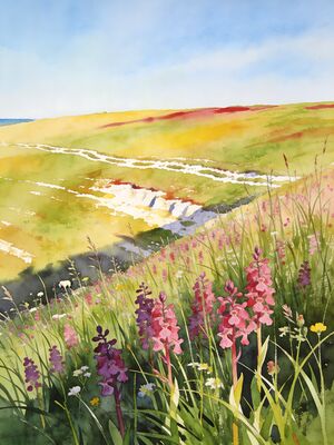 South Downs Summit Panorama Watercolor Canvas Print