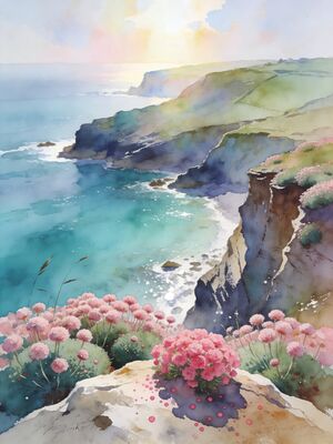 South West Coast Path Cornish Cliff Trail Watercolor Canvas Print