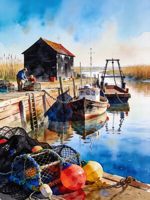 Southwold Fishing Boats in Sheltered Bay Watercolor Canvas Print