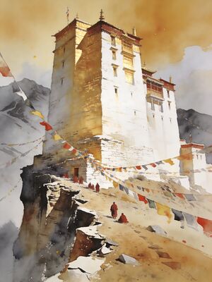 Spiti Valley Key Monastery Cliff Watercolor Canvas Print