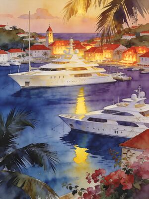 St Barts Harbor Watercolor Canvas Print