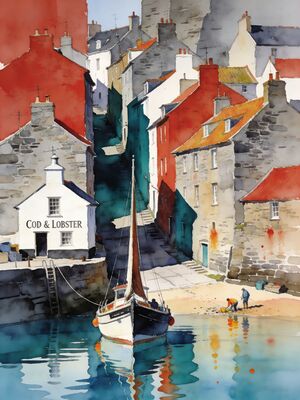 Staithes Fishing Boats in Sheltered Bay Watercolor Canvas Print