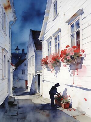 Stavanger Gamle White Wooden Houses Watercolor Canvas Print