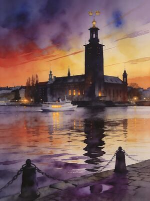 Stockholm Riddarholmen Waterfront at Dusk Watercolor Canvas Print