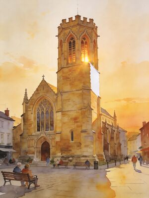 Stoke-on-Trent Historic Church and Town Plaza Watercolor Canvas Print