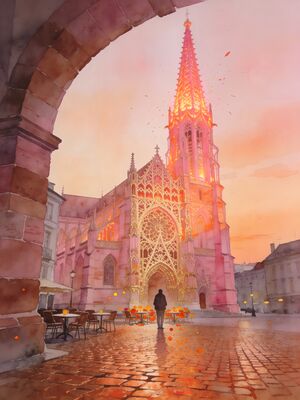 Strasbourg Church Plaza Watercolor Canvas Print