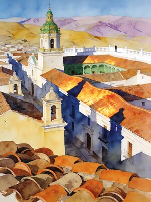 Sucre White City Rooftop Panorama Watercolor Canvas Print