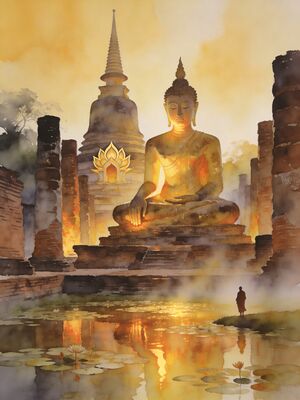 Sukhothai Historical Park Ruins at Dawn Watercolor Canvas Print