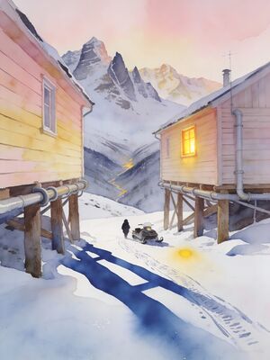 Svalbard Longyearbyen Arctic Houses Watercolor Canvas Print