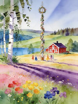 Sweden Dalarna Wildflower Meadow at Midsummer Watercolor Canvas Print