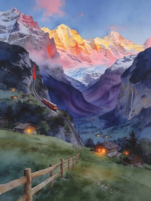 Swiss Alps Jungfrau Watercolor Canvas Print