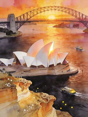 Sydney Opera House and Harbour Bridge Sunset Watercolor Canvas Print