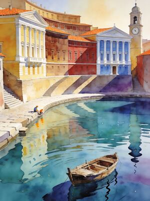 Symi Neoclassical Harbor Houses Watercolor Canvas Print