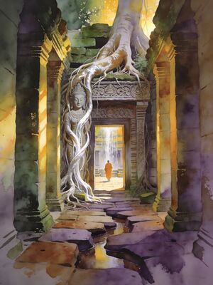 Ta Prohm Temple Strangler Fig Tree Roots Watercolor Canvas Print