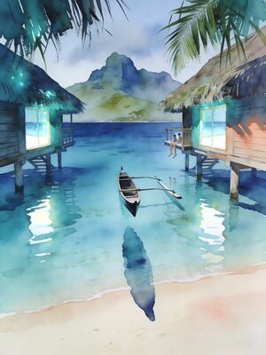 Tahiti Overwater Bungalows on Turquoise Lagoon Watercolor Canvas Print