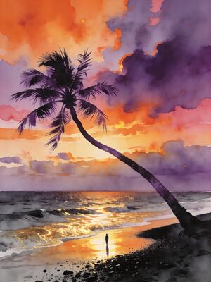 Tahiti Golden Sunset Coast Watercolor Canvas Print