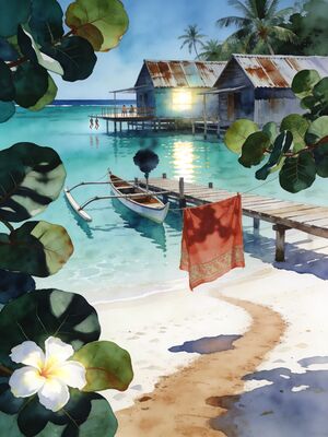 Tahiti Village Lane Watercolor Canvas Print