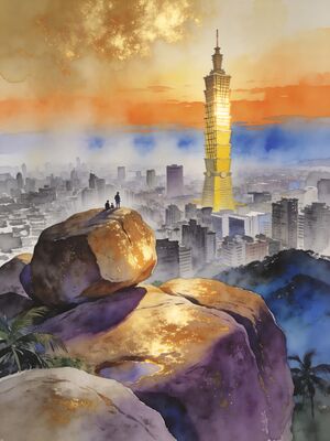Taipei Longshan Temple with Incense Morning Watercolor Canvas Print