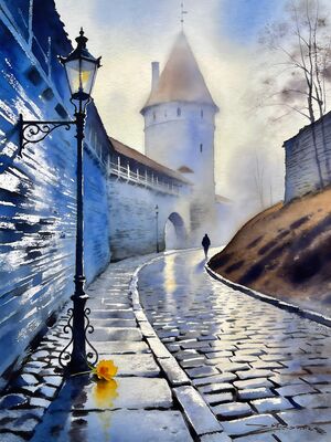 Tallinn Historic Quarter Cobblestone Walk Watercolor Canvas Print
