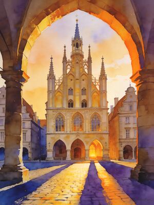 Tallinn Historic Church and Town Plaza Watercolor Canvas Print