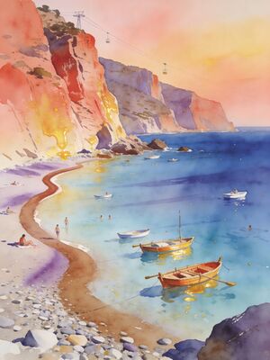 Taormina Sunset Shore Watercolor Canvas Print