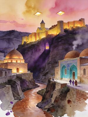 Tbilisi Old Town Bathhouses Watercolor Canvas Print
