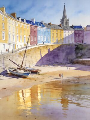 Tenby Pastel Houses Above Harbor Wall Watercolor Canvas Print