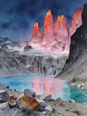 Torres del Paine Three Granite Towers at Dawn Watercolor Canvas Print