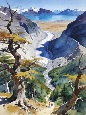 Torres del Paine W Trek Valley View Watercolor Canvas Print