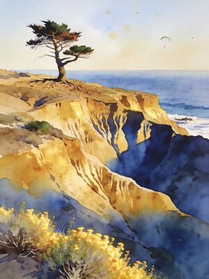 Torrey Pines Cliffs and Pacific Ocean Watercolor Canvas Print