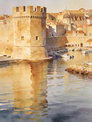 Trogir Island Old Town Kamerlengo Fortress Watercolor Canvas Print