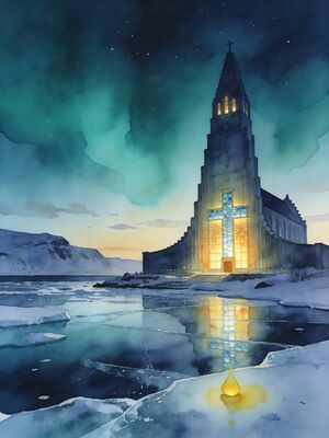 Tromso Arctic Cathedral by Fjord Watercolor Canvas Print
