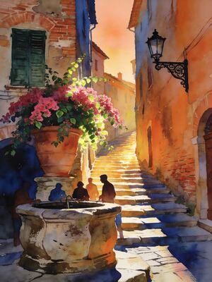 Tuscany Village Square Watercolor Canvas Print