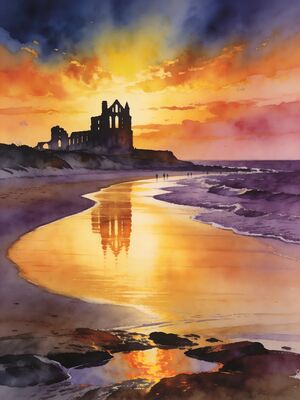Tynemouth Fishing Boats in Sheltered Bay Watercolor Canvas Print