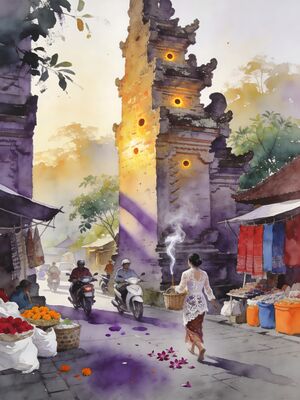 Ubud Bali Art Market and Royal Palace Watercolor Canvas Print