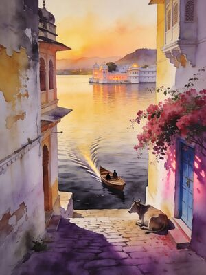 Udaipur Fateh Sagar Sunset Boats Watercolor Canvas Print