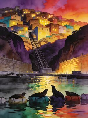 Valparaiso Harbor Hillside Sunset Watercolor Canvas Print