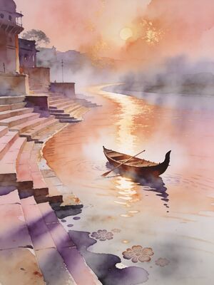 Varanasi Ghats at Dawn Watercolor Canvas Print